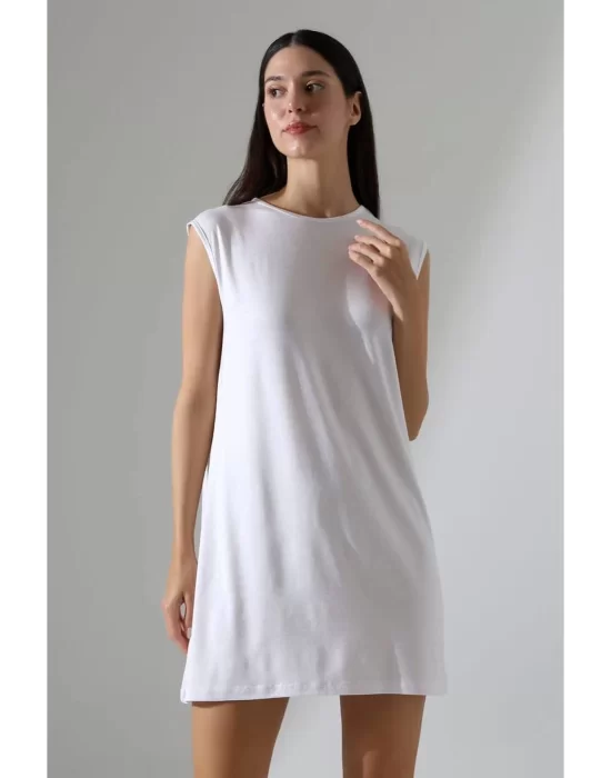 Kadın Beyaz Oversize Sıfır Kol Bisiklet Yaka Basic Günlük Içlik Tunik Viscon Kumaş