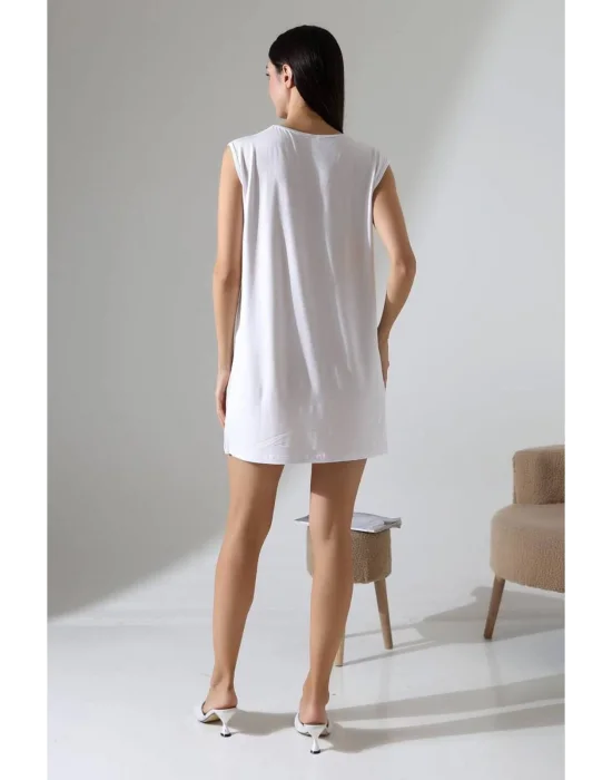 Kadın Beyaz Oversize Sıfır Kol Bisiklet Yaka Basic Günlük Içlik Tunik Viscon Kumaş