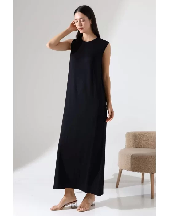 Kadın Siyah Oversize Sıfır Kol Bisiklet Yaka Basic Günlük Uzun Içlik Tunik Viscon Kumaş