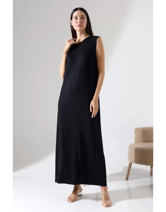 Kadın Siyah Oversize Sıfır Kol Bisiklet Yaka Basic Günlük Uzun Içlik Tunik Viscon Kumaş