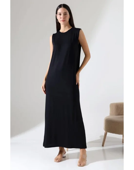 Kadın Siyah Oversize Sıfır Kol Bisiklet Yaka Basic Günlük Uzun Içlik Tunik Viscon Kumaş