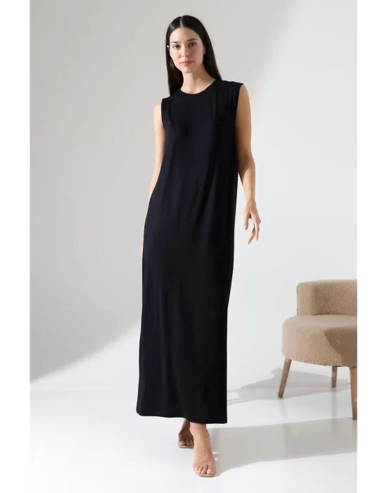 Kadın Siyah Oversize Sıfır Kol Bisiklet Yaka Basic Günlük Uzun Içlik Tunik Viscon Kumaş