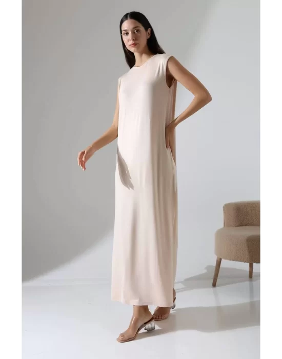 Kadın Bej Oversize Sıfır Kol Bisiklet Yaka Basic Günlük Uzun Içlik Tunik Viscon Kumaş