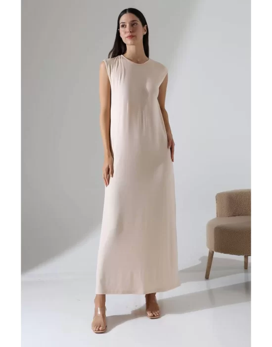 Kadın Bej Oversize Sıfır Kol Bisiklet Yaka Basic Günlük Uzun Içlik Tunik Viscon Kumaş