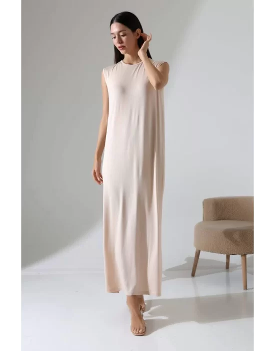 Kadın Bej Oversize Sıfır Kol Bisiklet Yaka Basic Günlük Uzun Içlik Tunik Viscon Kumaş