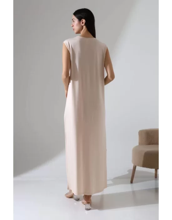 Kadın Bej Oversize Sıfır Kol Bisiklet Yaka Basic Günlük Uzun Içlik Tunik Viscon Kumaş