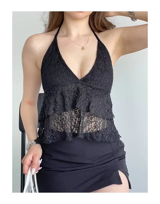 Dantelli Halter Yaka Sırt Dekolteli Transparan Katlı Crop Bluz