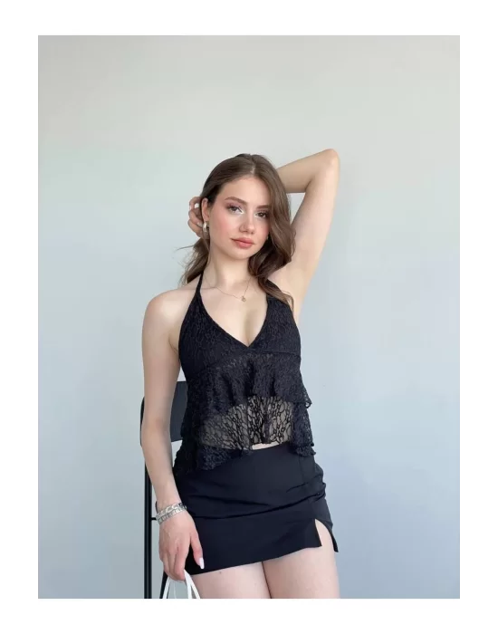 Dantelli Halter Yaka Sırt Dekolteli Transparan Katlı Crop Bluz