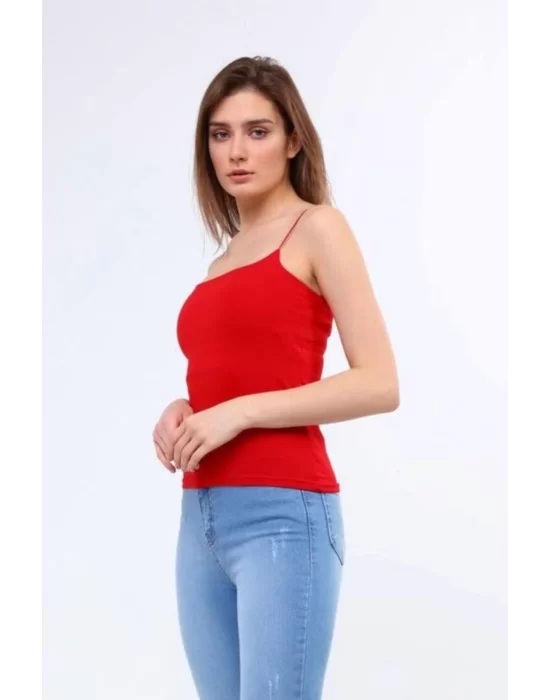 Kadın Kırmızı İp Askılı Basic Atlet – Yazlık Dar Kalıp Streç Bluz