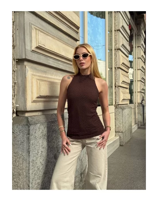 Halter Yaka Sırt Dekolteli Crop Bluz