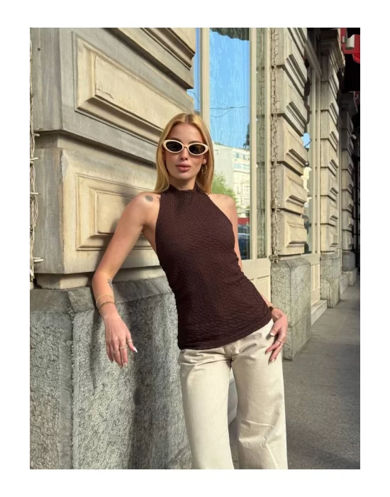 Halter Yaka Sırt Dekolteli Crop Bluz