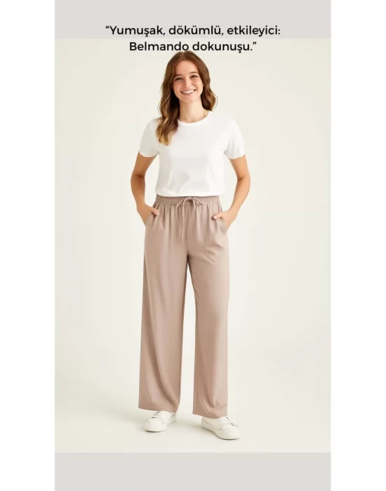 Kadın Yüksek Bel Bağcıklı Dökümlü Rahat Günlük Pantolon Belmando Kumaş Oversize