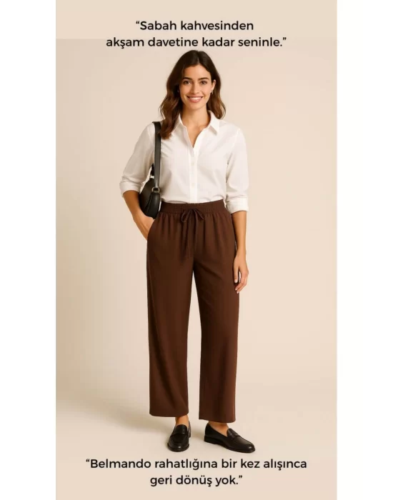 Kadın Yüksek Bel Bağcıklı Dökümlü Rahat Günlük Pantolon Belmando Kumaş Oversize
