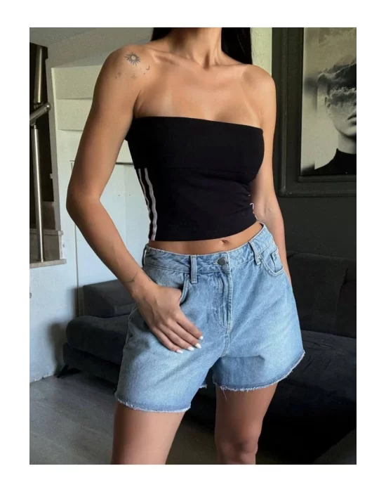 Straplez Spor Crop Bluz Yanı Şeritli