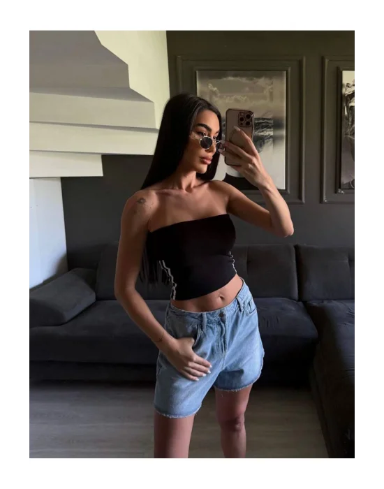 Straplez Spor Crop Bluz Yanı Şeritli