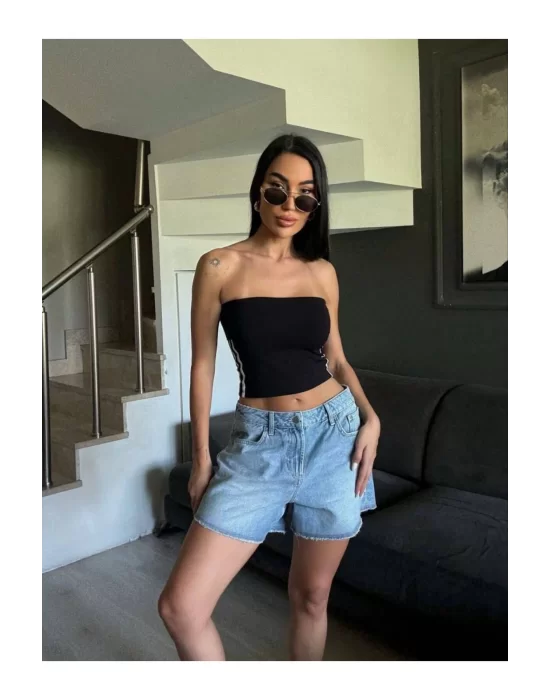 Straplez Spor Crop Bluz Yanı Şeritli