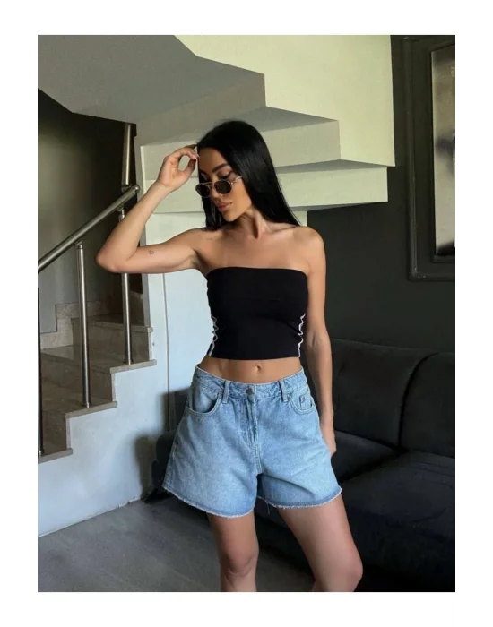 Straplez Spor Crop Bluz Yanı Şeritli