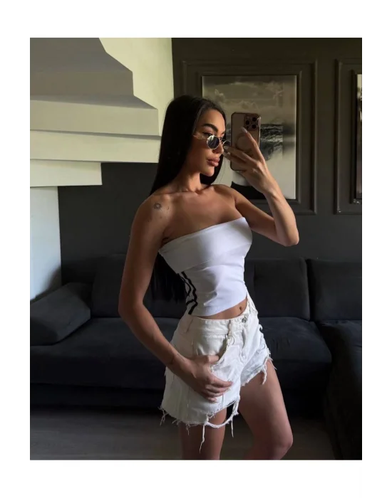 Straplez Spor Crop Bluz Yanı Şeritli