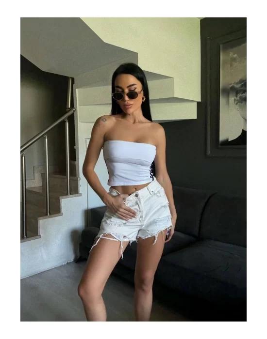 Straplez Spor Crop Bluz Yanı Şeritli