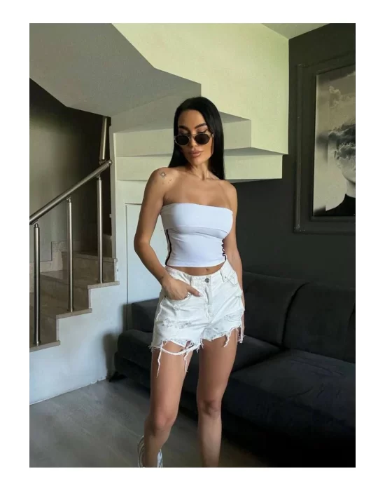 Straplez Spor Crop Bluz Yanı Şeritli