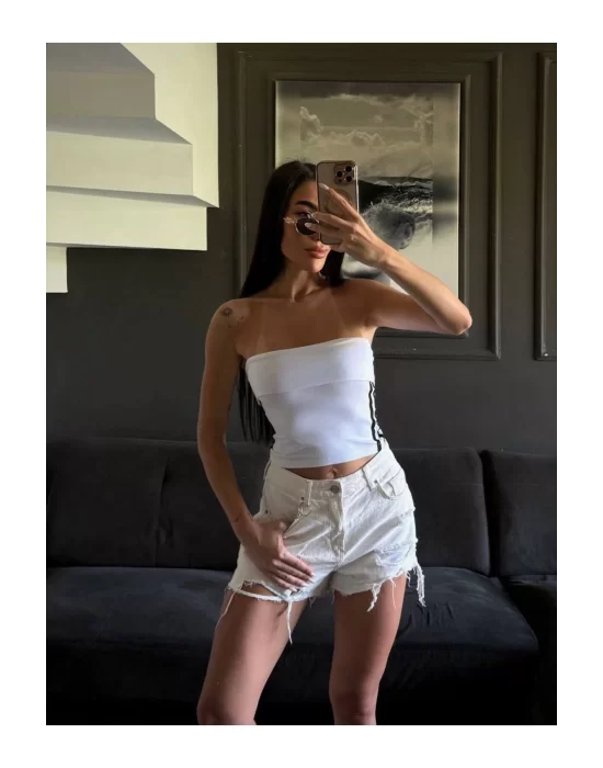 Straplez Spor Crop Bluz Yanı Şeritli