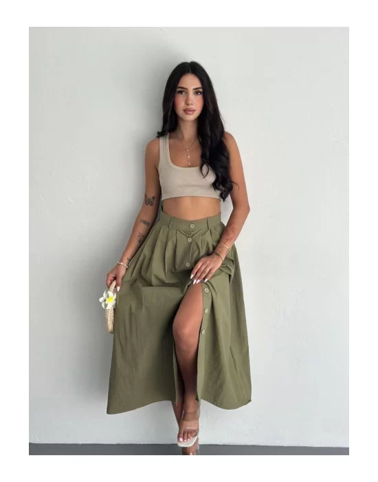 Kadın Önden Düğmeli Poplin Kumaş Yazlık Etek - Oversize Spor Model
