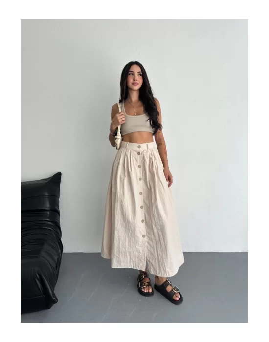 Kadın Önden Düğmeli Poplin Kumaş Yazlık Etek - Oversize Spor Model