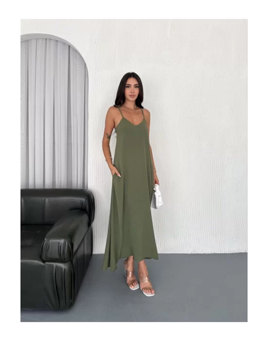 Kadın Askılı Ayrobin Uzun Elbise Cepli Oversize Model Sırtı Açık Göğüs Dekolteli - Yazlık