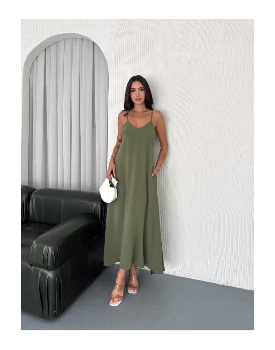 Kadın Askılı Ayrobin Uzun Elbise Cepli Oversize Model Sırtı Açık Göğüs Dekolteli - Yazlık