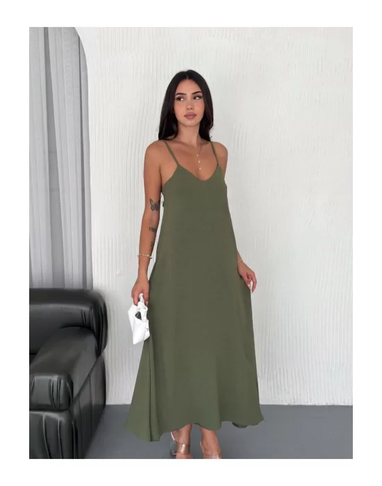 Kadın Askılı Ayrobin Uzun Elbise Cepli Oversize Model Sırtı Açık Göğüs Dekolteli - Yazlık