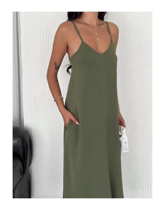 Kadın Askılı Ayrobin Uzun Elbise Cepli Oversize Model Sırtı Açık Göğüs Dekolteli - Yazlık