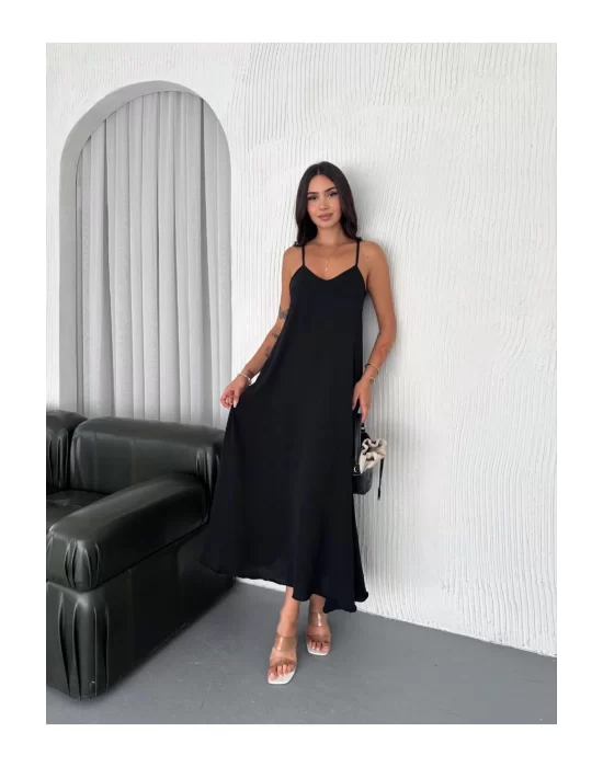 Kadın Askılı Ayrobin Uzun Elbise Cepli Oversize Model Sırtı Açık Göğüs Dekolteli - Yazlık
