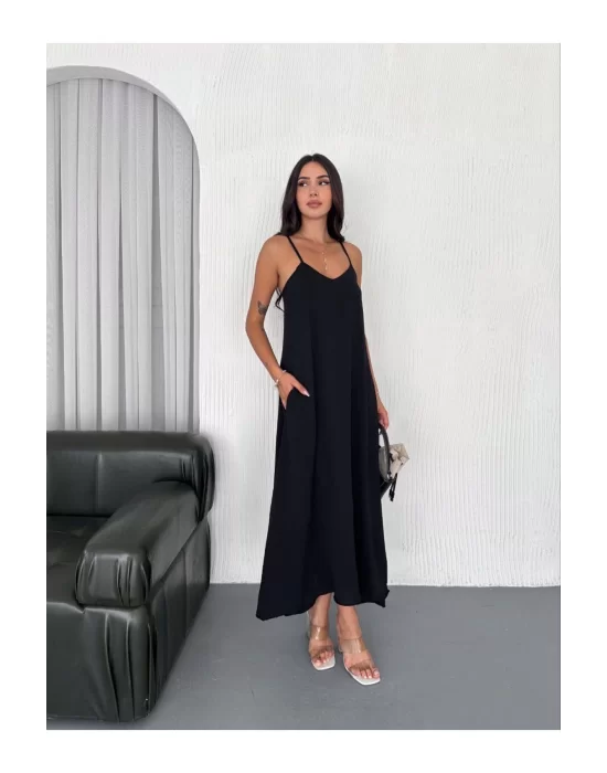 Kadın Askılı Ayrobin Uzun Elbise Cepli Oversize Model Sırtı Açık Göğüs Dekolteli - Yazlık