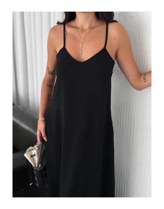 Kadın Askılı Ayrobin Uzun Elbise Cepli Oversize Model Sırtı Açık Göğüs Dekolteli - Yazlık