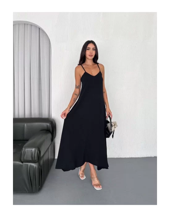 Kadın Askılı Ayrobin Uzun Elbise Cepli Oversize Model Sırtı Açık Göğüs Dekolteli - Yazlık