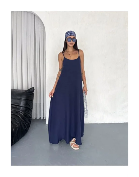Kadın Askılı Ayrobin Uzun Elbise Cepli Oversize Model Sırtı Açık Göğüs Dekolteli - Yazlık