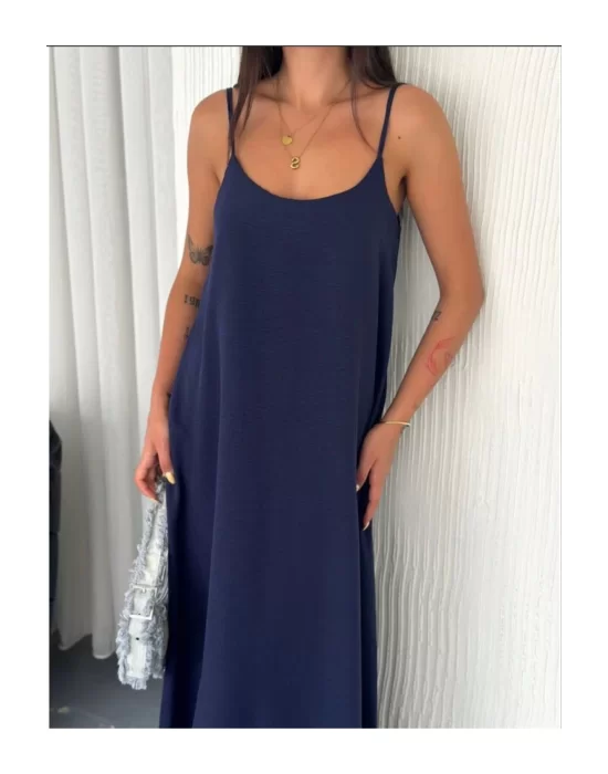 Kadın Askılı Ayrobin Uzun Elbise Cepli Oversize Model Sırtı Açık Göğüs Dekolteli - Yazlık