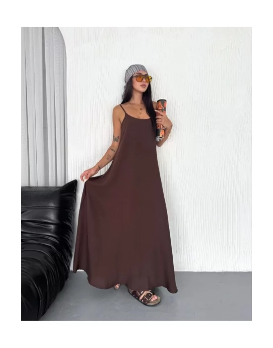 Kadın Askılı Ayrobin Uzun Elbise Cepli Oversize Model Sırtı Açık Göğüs Dekolteli - Yazlık