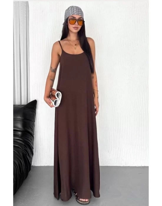 Kadın Askılı Ayrobin Uzun Elbise Cepli Oversize Model Sırtı Açık Göğüs Dekolteli - Yazlık