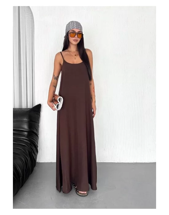 Kadın Askılı Ayrobin Uzun Elbise Cepli Oversize Model Sırtı Açık Göğüs Dekolteli - Yazlık