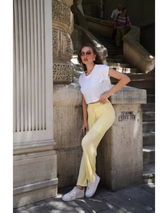 Kadın Yüksek Bel Rahat Kesim Gofre Kumaş Yazlık Ev & Günlük Pantolon