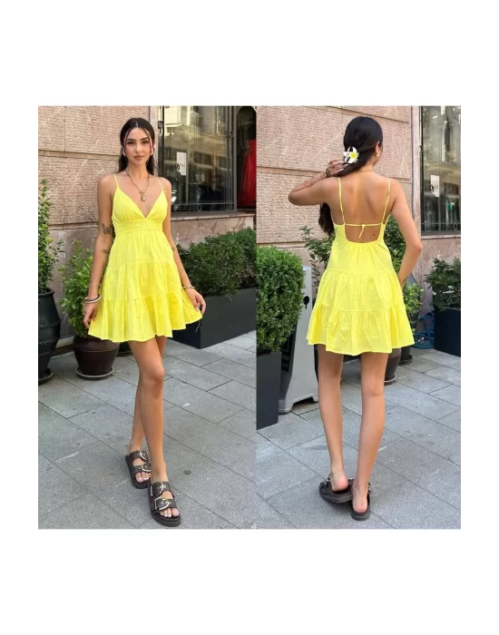 Kadın Askılı V Yaka Kat Kat Mini Elbise - Bağlamalı Göğüs ve Sırt Dekolteli Yazlık Elbise