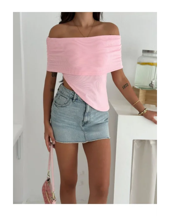 Kadın Asimetrik Kesim Straplez Yaka Ottoman Kumaş Crop Bluz