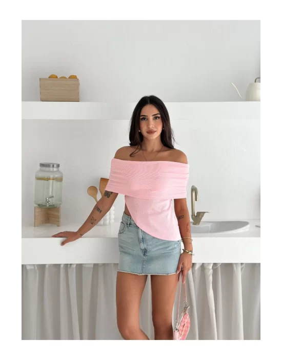 Kadın Asimetrik Kesim Straplez Yaka Ottoman Kumaş Crop Bluz