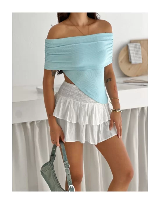 Kadın Asimetrik Kesim Straplez Yaka Ottoman Kumaş Crop Bluz