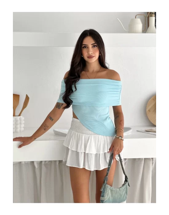 Kadın Asimetrik Kesim Straplez Yaka Ottoman Kumaş Crop Bluz