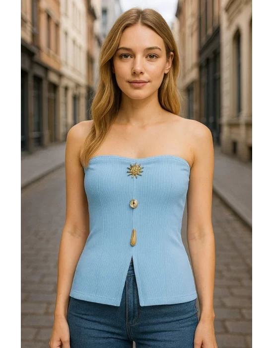 Kadın Önden Düğmeli Straplez Crop Bluz Ottoman Kumaş Yazlık Trend ve Şık