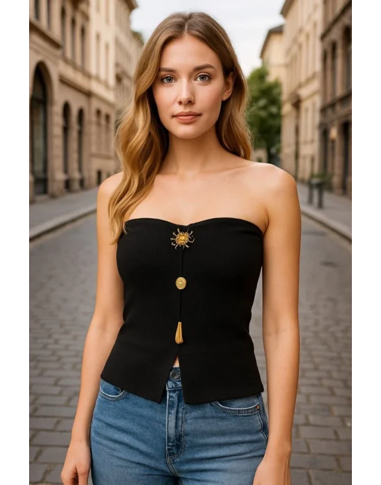 Kadın Önden Düğmeli Straplez Crop Bluz Ottoman Kumaş Yazlık Trend ve Şık