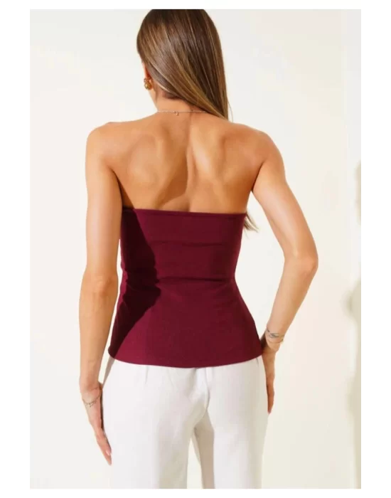 Kadın Önden Düğmeli Straplez Crop Bluz Ottoman Kumaş Yazlık Trend ve Şık