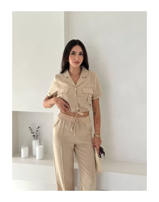 Kadın Keten Crop Gömlek ve Pantolon Takım Yazlık Şık ve Trend